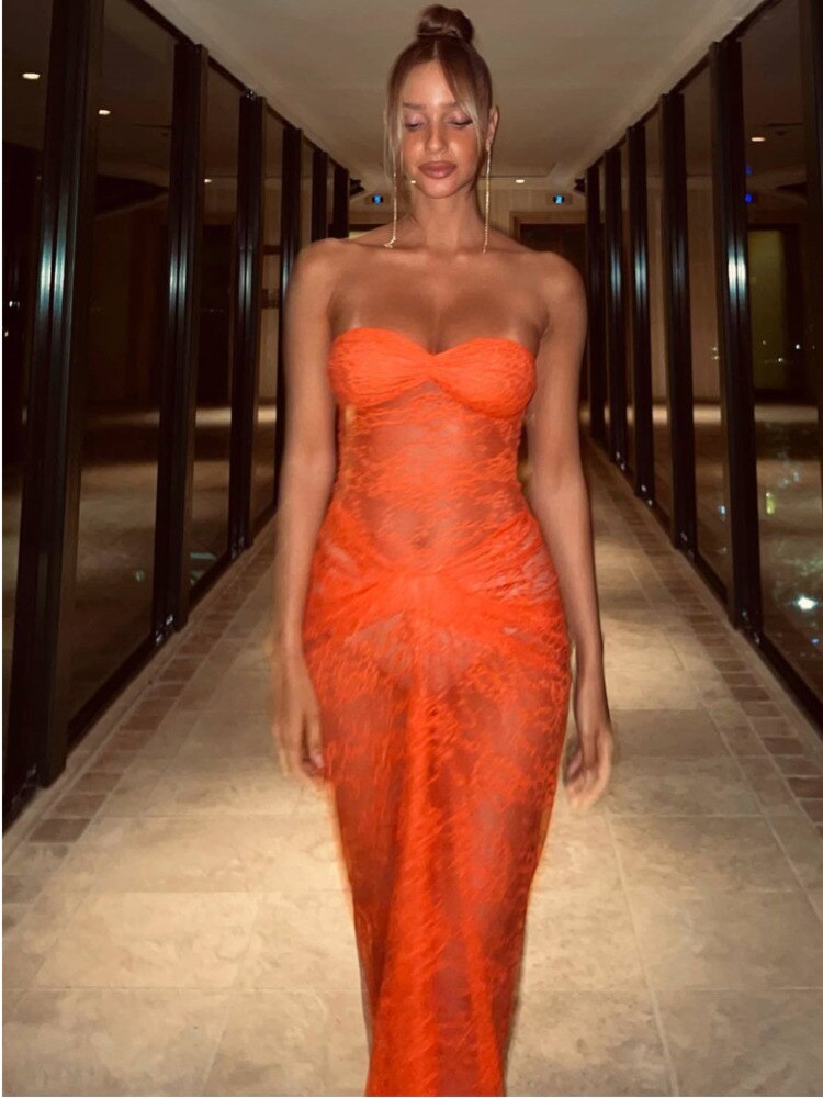 Women Strapless Backless Sexy Dress Lace Hollow Out Ruched Off Shoulder Midi Dress Ladies Chic Slim Outfits 2023