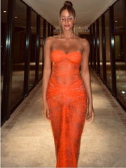 Women Strapless Backless Sexy Dress Lace Hollow Out Ruched Off Shoulder Midi Dress Ladies Chic Slim Outfits 2023