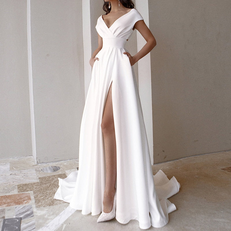 Female Elegant Temperament Party Dresses Fashion V-neck Sleeveless High Waist Long Dress Solid Pleated Split Women Evening Dress