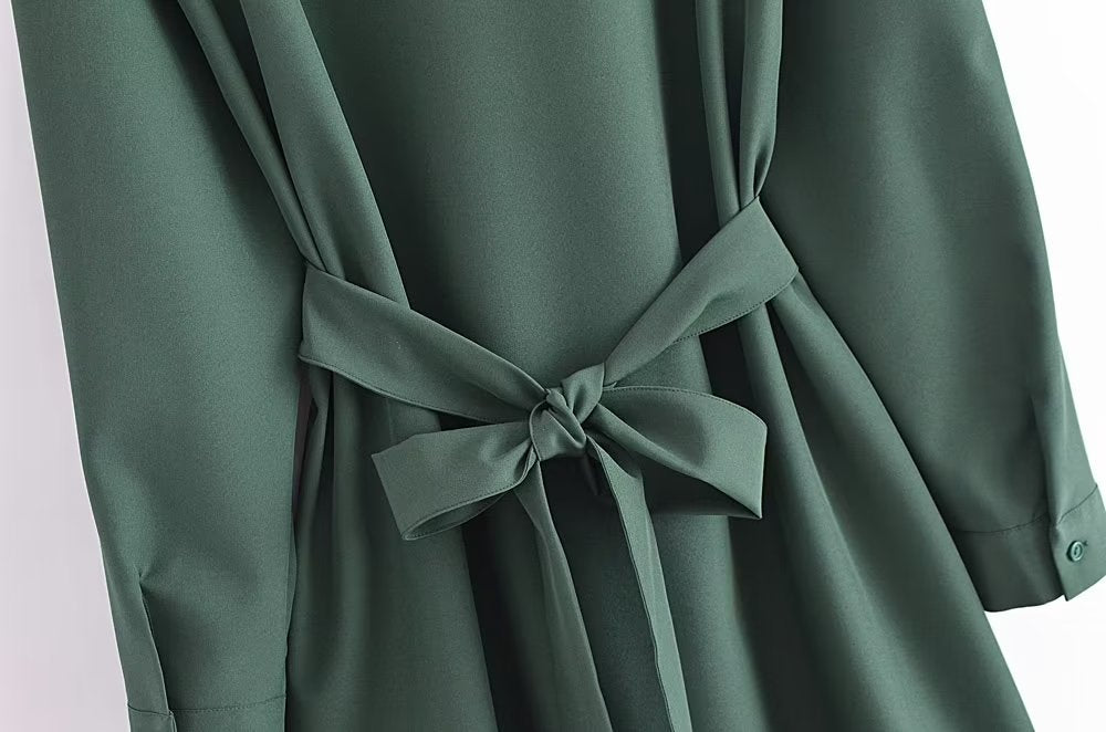 New Women Army Green With Belt Shirt Dress Long Sleeve Lapel Collar Female Autumn Dress Short Vestido
