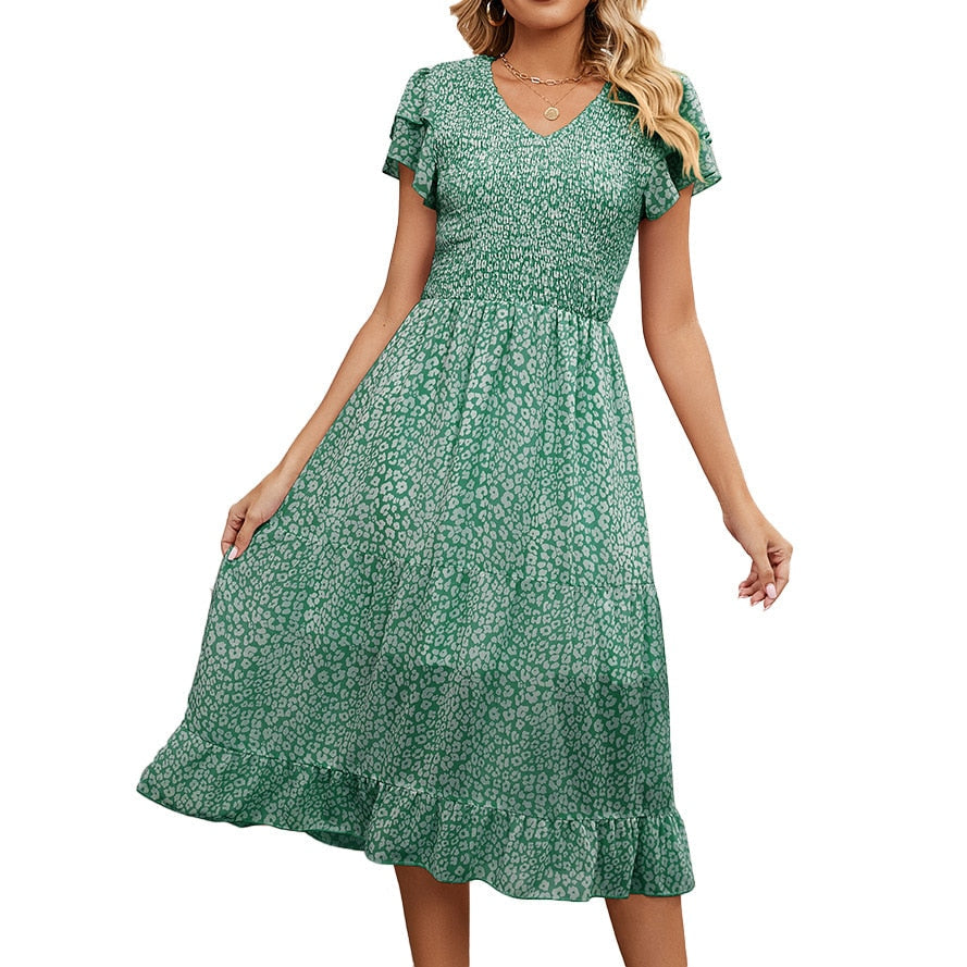 2023 Summer V-Neck Pleated Printed Chiffon Patchwork Waist-Tied Dress for Women