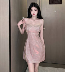 Gold Shiny Mini Dress Women Backless Sexy Short Dress Female Sleeveless Strapless A-line Sequins Dress Spaghetti Straps