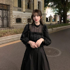 Gothic Black Lace Dress Women Casual Elegant Party Midi Ruffle Long Sleeve Dress Emo Y2k Goth Clothes 2022 Spring Robes