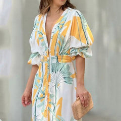 Hoobd Women Maxi Dress Summer Stylish Print Short Puff Sleeve V Neck Nipped Waist Slim Single Row Button Beach Party Dresses