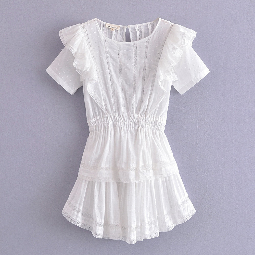 Hoobd Spring Short Sleeve Vocation Women White Mini Dress Holiday Lace Ruffled Dress