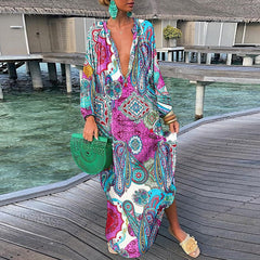 Hoobd Women Elegant V Neck Loose Party Dress Lady Retro Printing Long Sleeve Holiday Dress Autumn Casual Femme Dress Streetwear