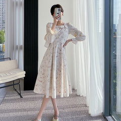 Long Sleeve Embroidery Floral Dress Women Autumn New French Elegant Dress Female Casual Square Collar High Waist Sexy Dresses