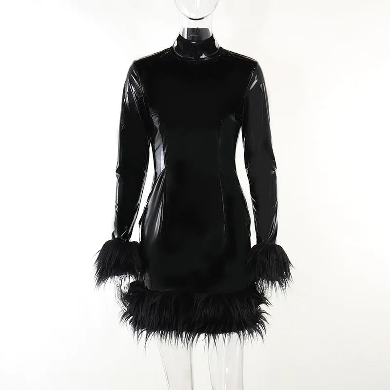 2024 Spring Black PU Leather Feathers Mini Dress for Women Fashion Outfits Sexy Bodycon Dresses Party Club Clothes Prom Vestidos