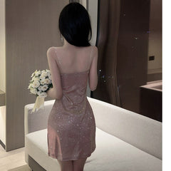 Gold Shiny Mini Dress Women Backless Sexy Short Dress Female Sleeveless Strapless A-line Sequins Dress Spaghetti Straps