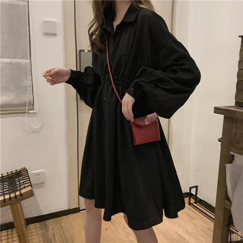 Korean Style Polo Collar Black Long Sleeve Wrap Mini Dress