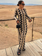 Tossy Striped Contrast Color Knit Maxi Bodycon Dress Boho High Waisted Hollow Out Slim Dresses Women Holiday Dresses Vestidos