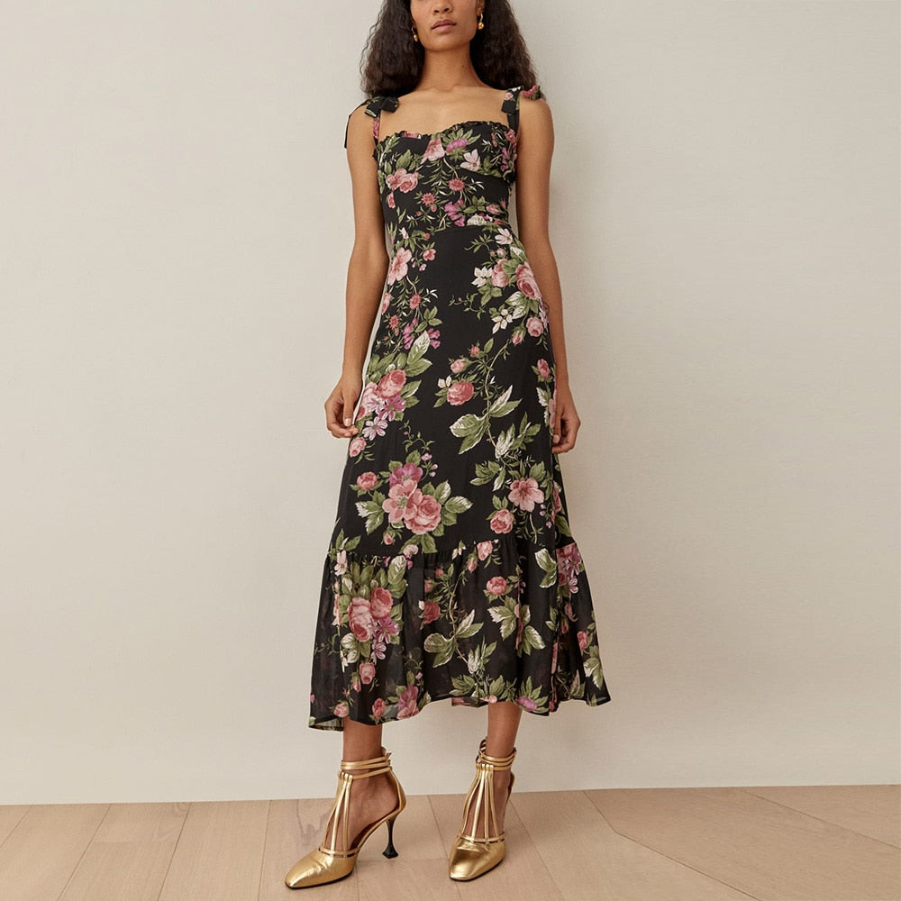 Dresses For Women 2023 Elegant Vintage Floral Dress Frill Sweetheart Neck Sleeveless Strap Tie Ruffle Hem Summer Beach Dress