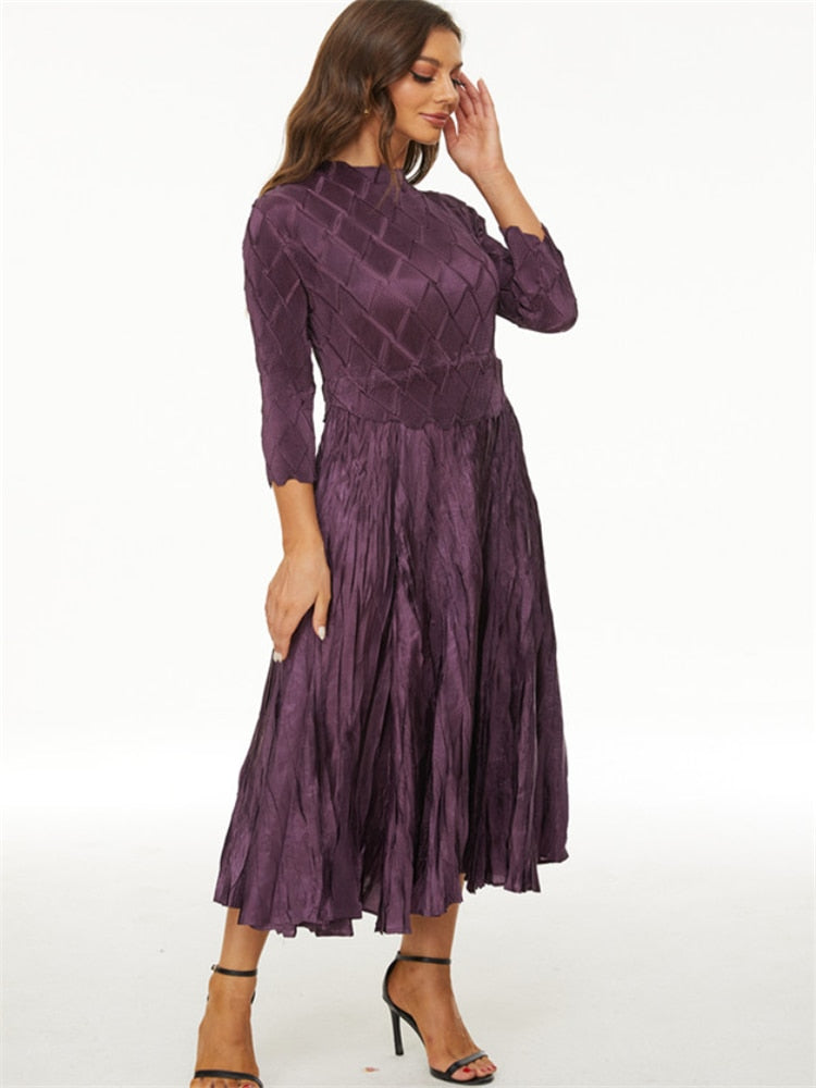 Miyake pleated dress women's spring new fashion O-neck three-quarter sleeve elegant temperament large swing women's dress