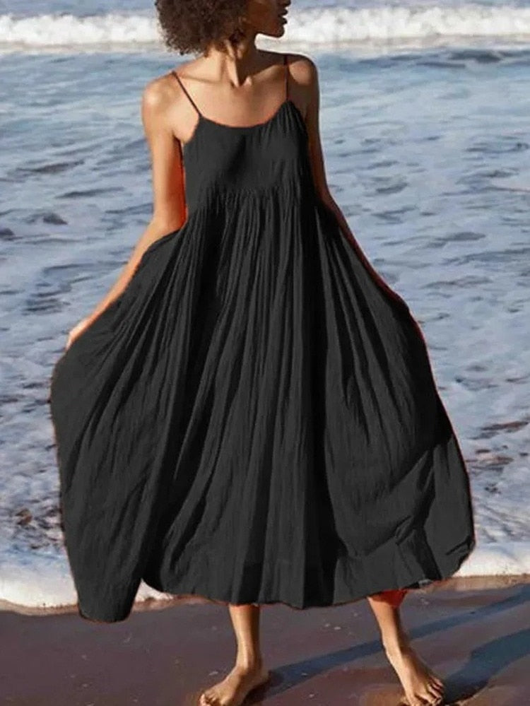 Women Boho Spaghetti Strap Big Swing A Line Long Dress Solid Cotton Sexy Beach Fashion White Black Blue Dresses Vestidos