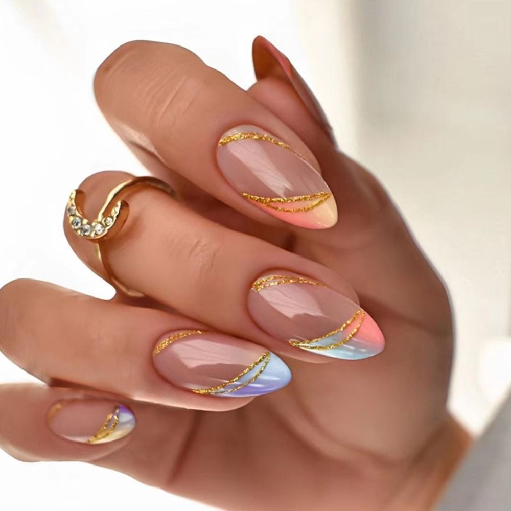 24Pcs Oval Head False Nails Shiny Golden Almond Artificial Fake Nails With Glue Full Cover Nail Tips Press On Nails DIY Manicure