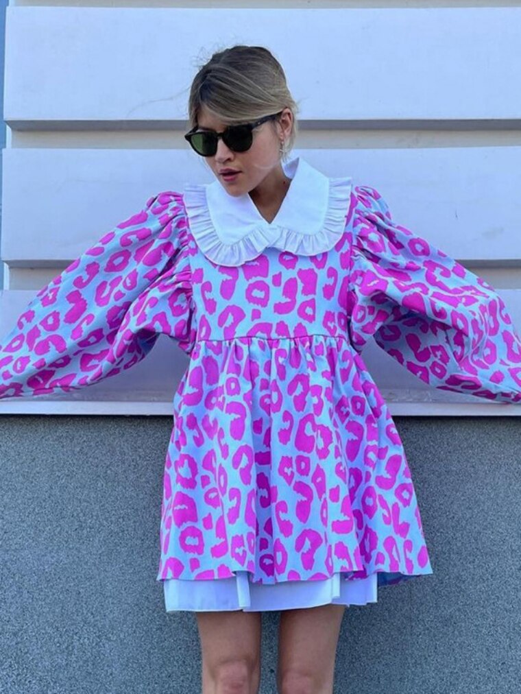 Fashion Sweet Girls Long Sleeve High Waist Printed Short Dress Y2K Streetwear Women's 2023 Spring Loose A-line Beach Dresses