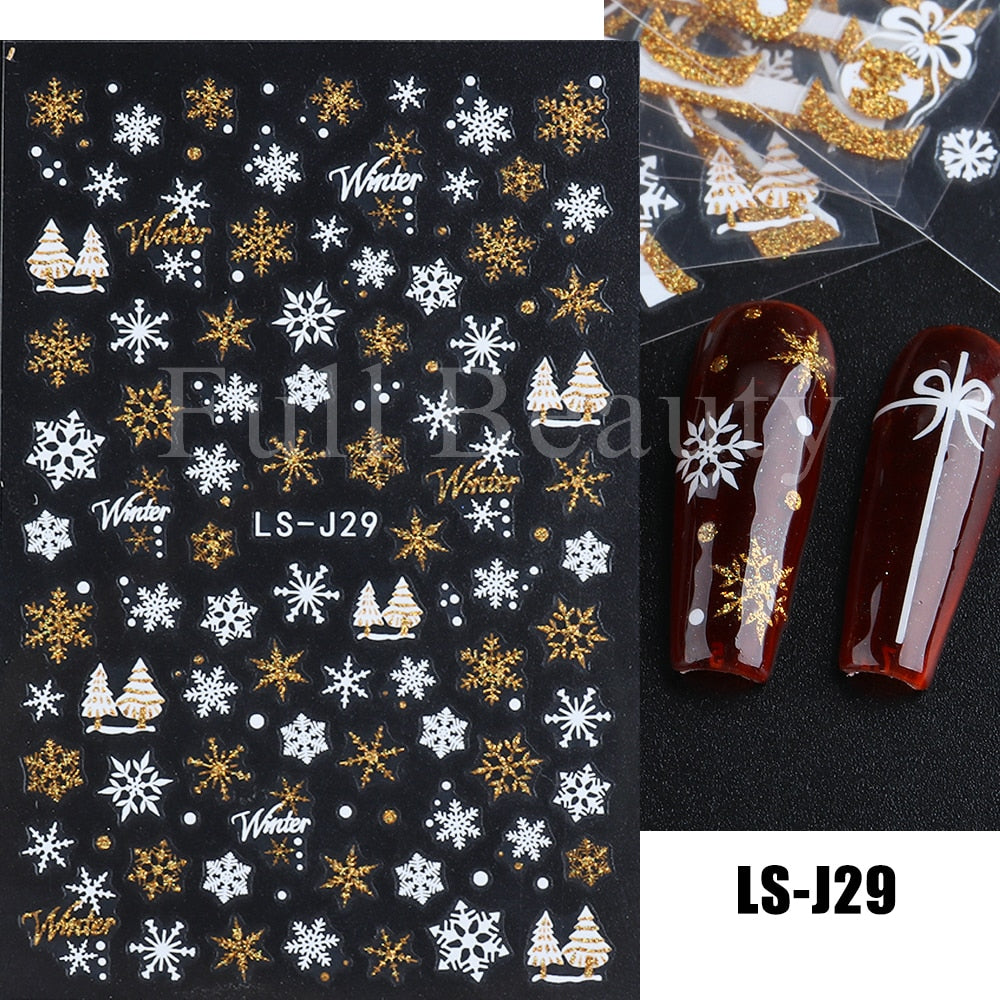 Christmas Nail Sticker 3D Reflective Shiny Glitter Gold Silver Snowflake Elk Bells Decal Slider For Manicure Decoration NLLS-J24