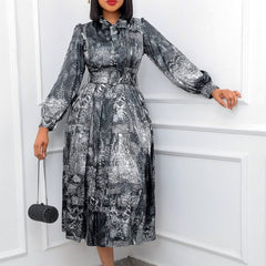 Hoobd Women Printed A Line Dresses Long Lantern Sleeves with Bowtie Vintage Retro Pleated Modest African Ladies Spring Classy Elegant