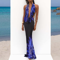 Hoobd Mesh See Through Beach Dress Women Blue Print Sexy Backless Maxi Dress Summer Elegant Halter Bodycon Long Dress Club Party 2023