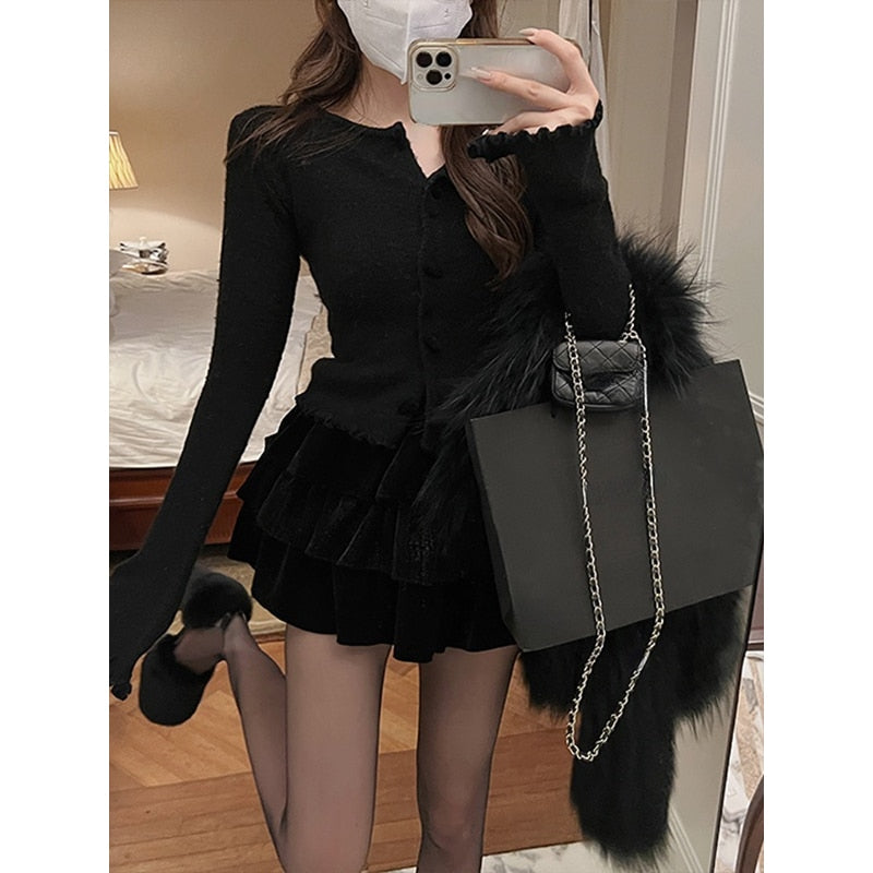 2023 Spring Red Knitted Cardigan Women Long Sleeve Slim Sweater Office Lady Outwear Y2k Crop Tops Female Korean Fashion Clothing