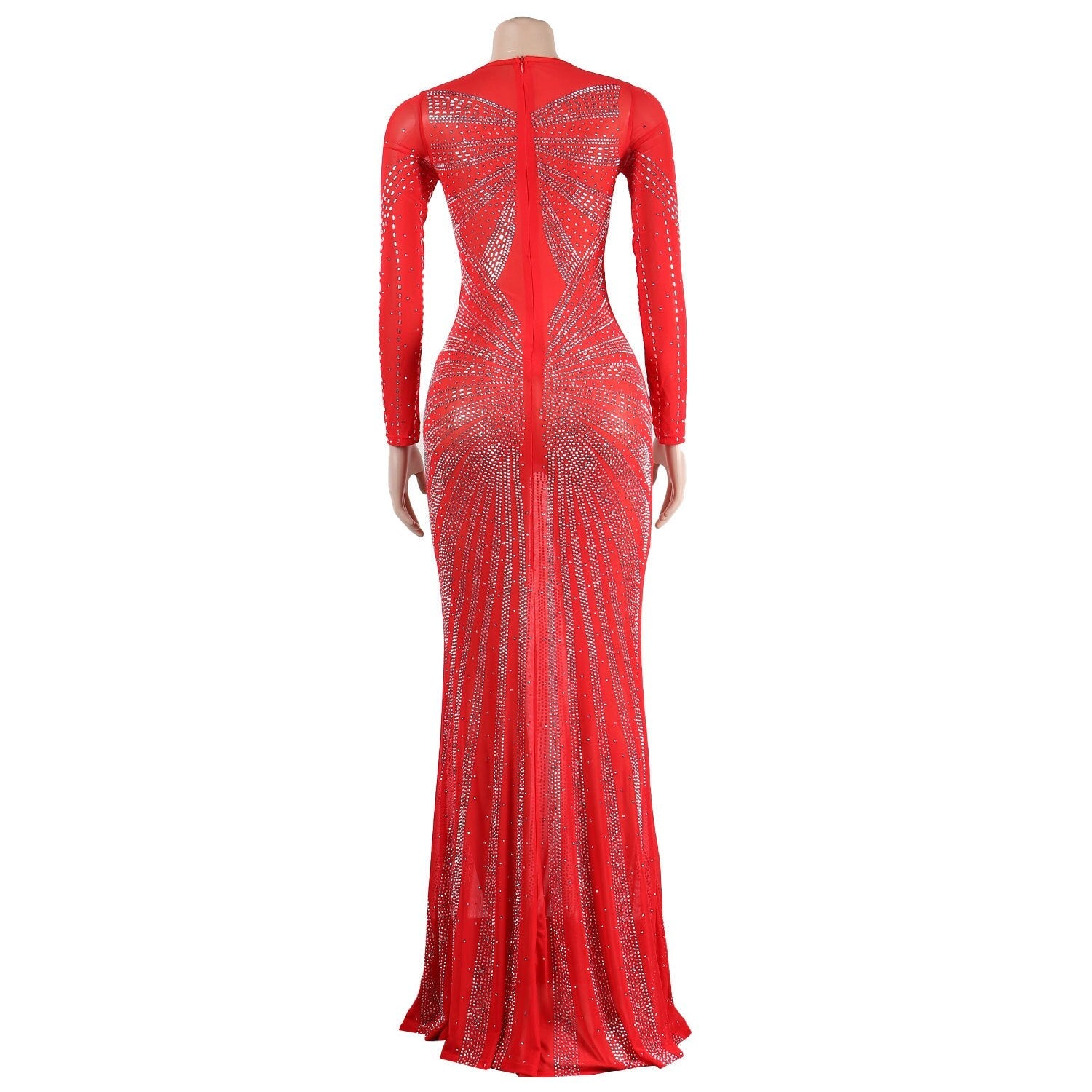 Hoobd Sexy Rhinestones Floor-length Evening Dresses Luxury Elegant Women's O-neck Long Sleeve See-through Mesh Night Club Long Dress