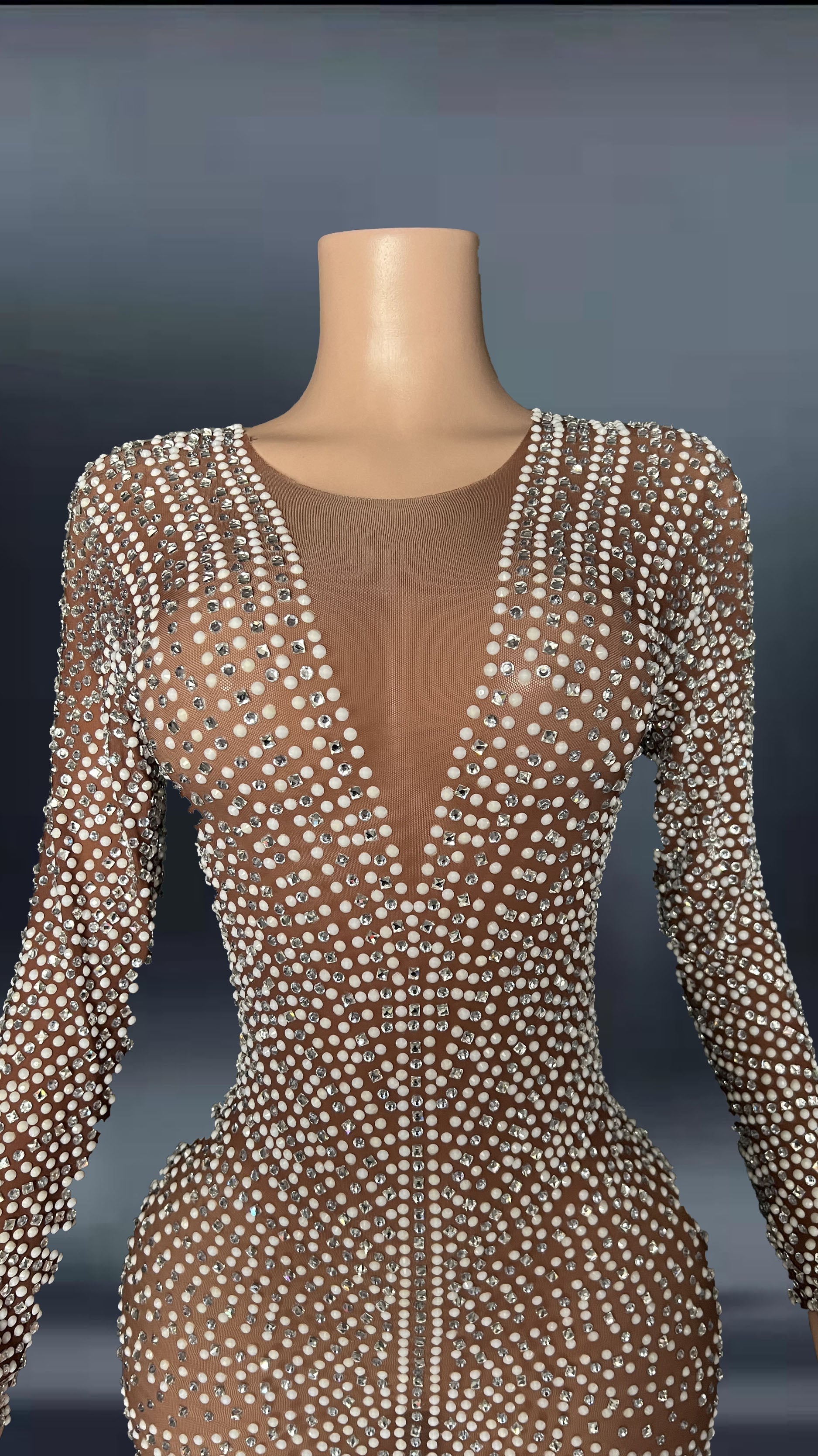 Hoobd Gray White Full Rhinestones Evening Long Sleeves Dress Birthday Celebrate Stage Wear Performance Dancer Singer Show plus size