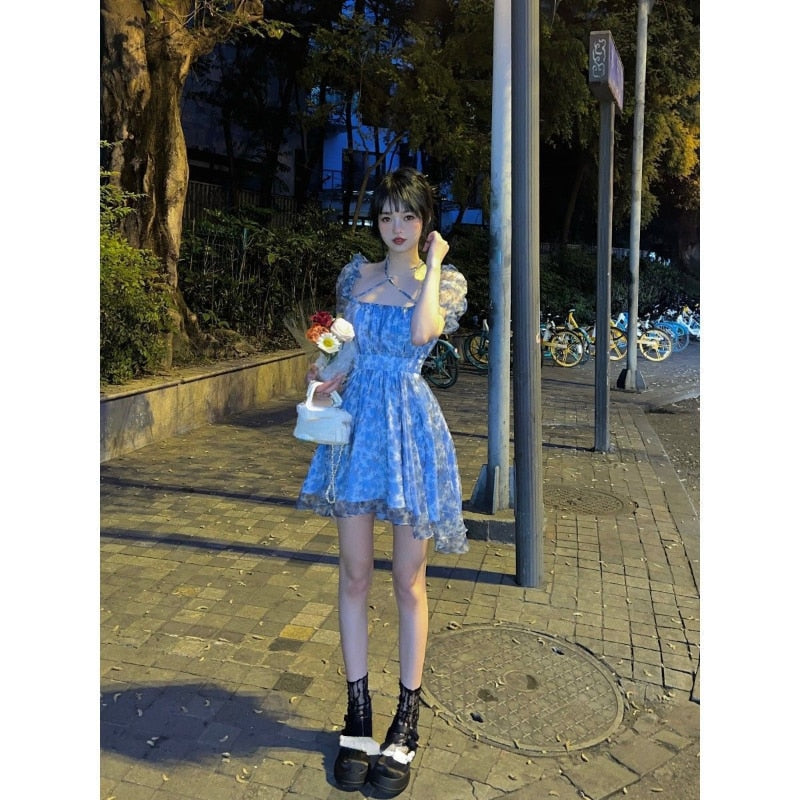 French Floral Vintage Dress Women Sexy Off Shoulder Fairy Printed Boho Mini Dress Birthday Even Party Dress Summer 2023 Korean