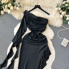 Women Chic Ruffle Long Sleeve Diagonal Collar Ribbon Sexy Slim Split Dress Vintage Fashion Vestido Elegant Hip Wrap Dress