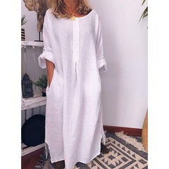 New Solid Color Loose Pockets Robe Women's Cotton Linen Solid Color Fashion Round Neck 7-Point Sleeve Casual Ladies Dress