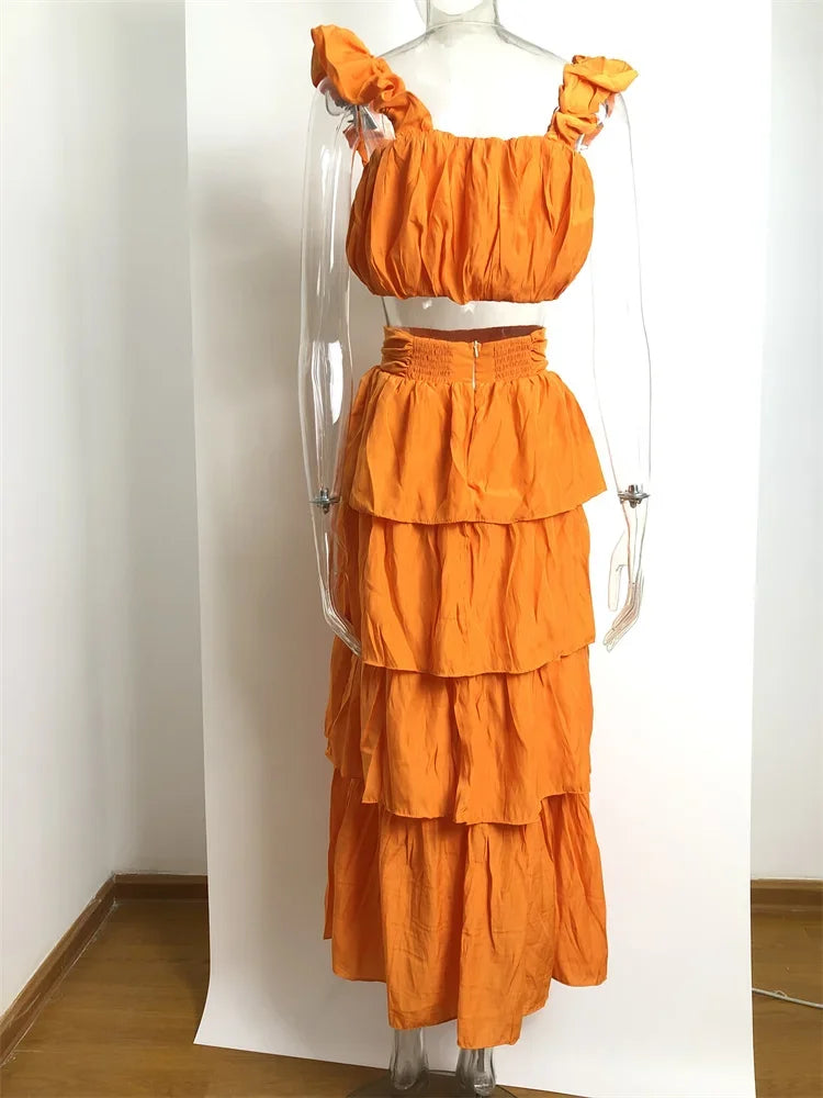 High Quality 2024 Summer Women Sexy Top and High Waist Ruffled Layer Skirts Holiday Vocation 2piece Sets