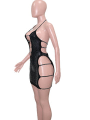 New Chic Black Ladder Cut Out Crystal Mini Dress Summer Womens Spagetti Straps Sequin Night Dresses Birthday Outfits