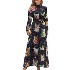 Cute Cats Print Dress Funny Animal Elegant Printed Maxi Dress High Waist Long-Sleeve Street Fashion Bohemia Long Dresses