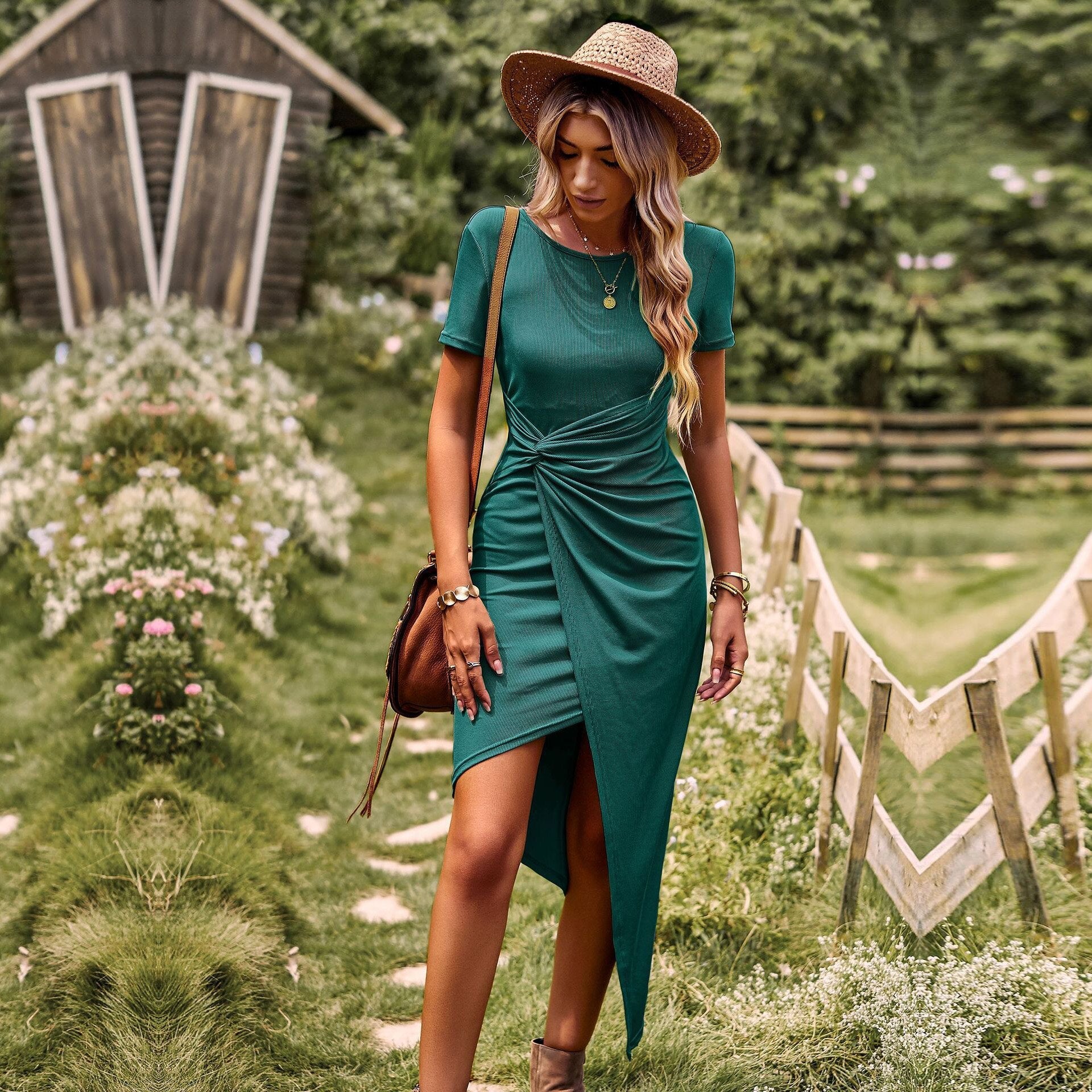 Hoobd M O Neck Short Sleeve Solid Color Knitted Dress 2023 New Women Spring Summer Casual High Elastic Light Dresses