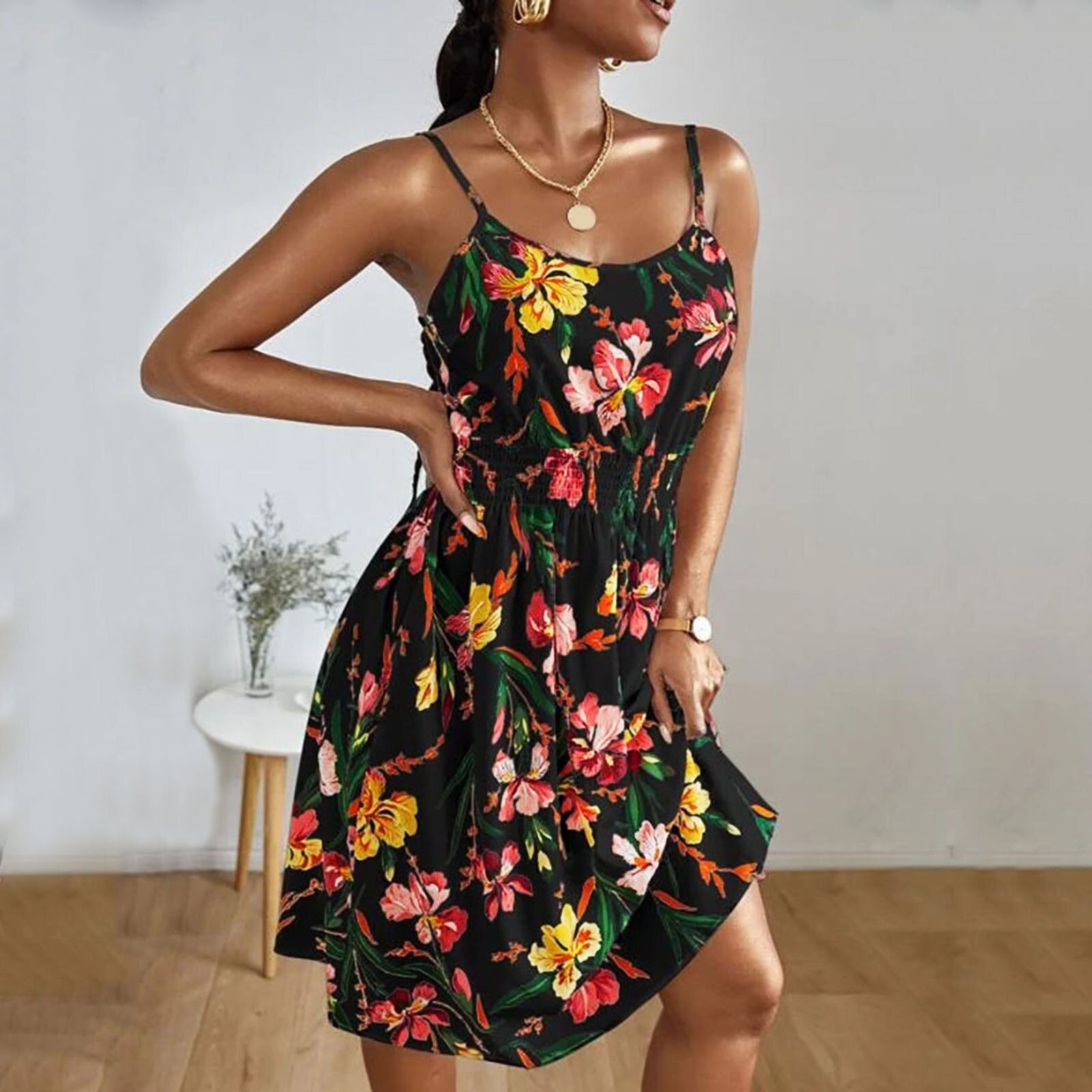 Hoobd Women Square Collar Summer Spaghetti Strap Dresses Casual Floral Print Sleeveless Short Dress Female Loose Beach Sundress