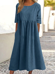Hoobd Vintage Dress O-Neck Half Sleeve Solid Dresses Summer Women Mid-Calf Length Robe Female Causal Holiday Sundress Kaftan