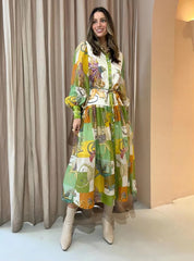 Hoobd2023 Autumn Print Holiday Women Beach Dress With Belts A-line Long Lantern Sleeve Single Breasted Lapel Seaside Dresses Robe