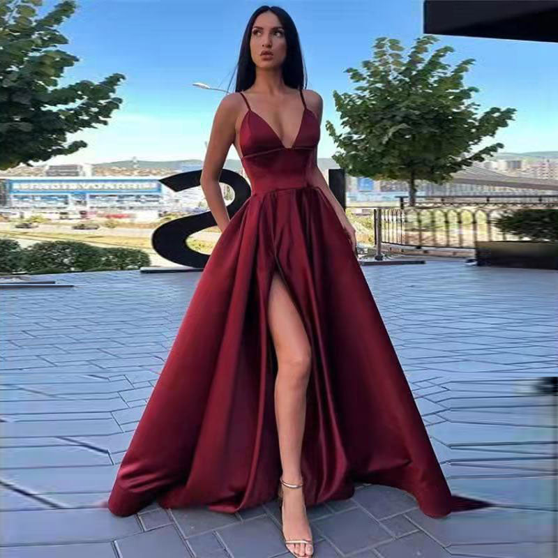 Spaghetti Straps Side Slit Floor Length Evening Dress