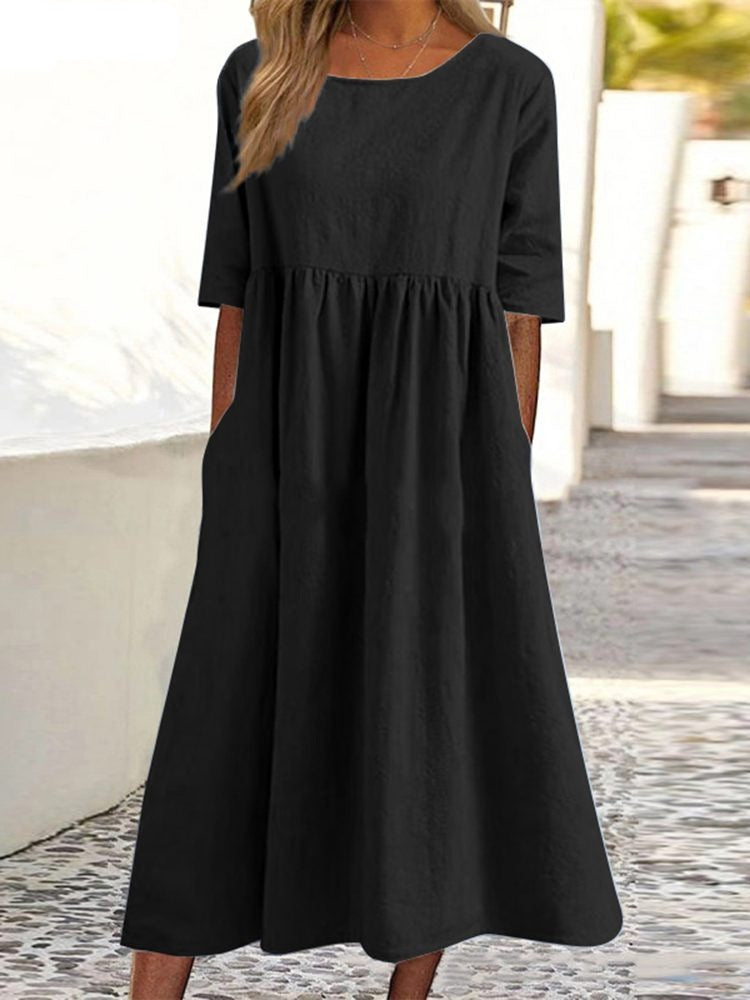 Hoobd Vintage Dress O-Neck Half Sleeve Solid Dresses Summer Women Mid-Calf Length Robe Female Causal Holiday Sundress Kaftan