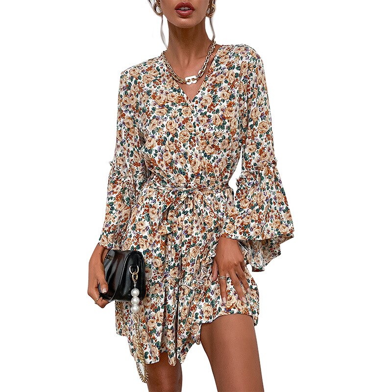 2023 European and American Fashion Temperament Commuter Women's New V-neck Pullover Print Long Sleeve Early Autumn Dress Women