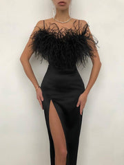 Hoobd Luxury Feathers Dress Women Sleeveless Spaghetti Strap High Waist Bodycon Slit Mid-calf Wedding Birthday Party Evening Dresses