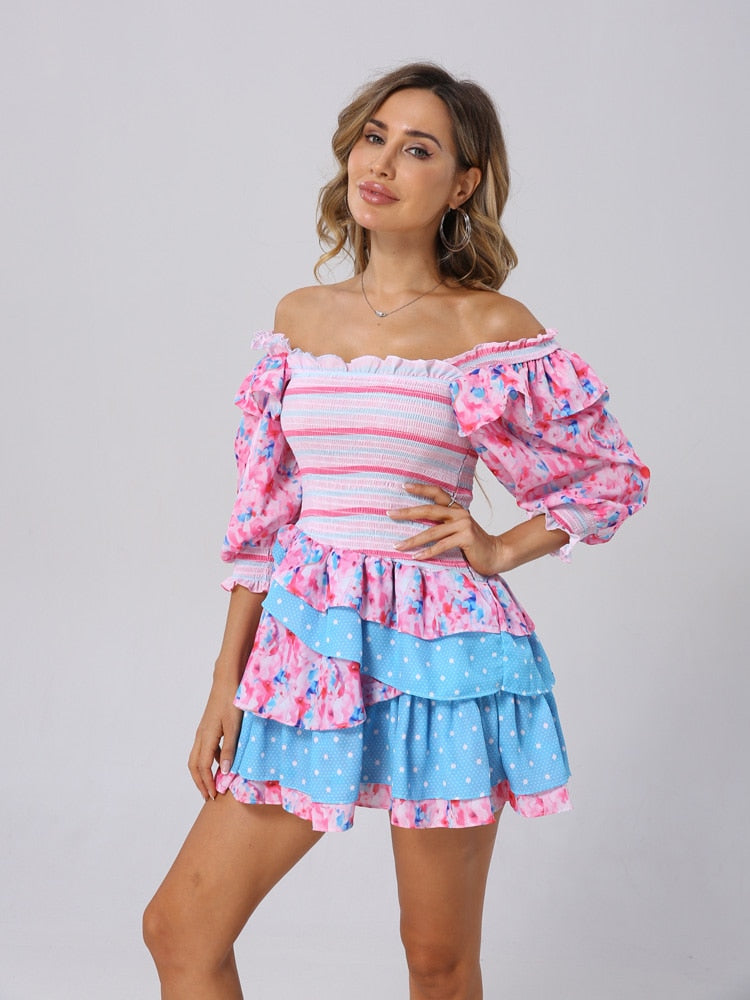 Hoobd Summer Mixed Floral Prints Ruffled Holiday Dress Square Neck Smocked Sexy Laides Dress Mini Dress