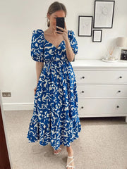 Summer Dresses 2024 Fashion Women Clothing Ruffle Hem Elegant Midi Dress Crossover V Neck Short Puff Sleeve Print Casual Dress