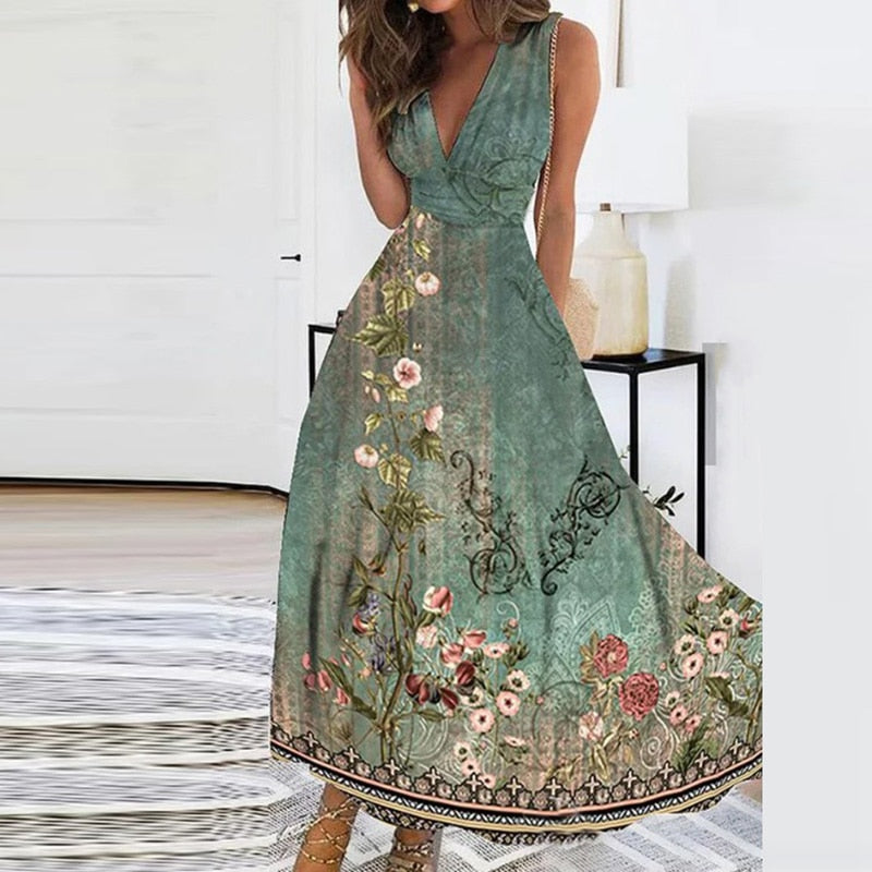Elegant Pattern Print High Waist Party Dress Summer Deep V Neck Sleeveless Long Dress Female A-Line Big Hem Slim Evening Dresses