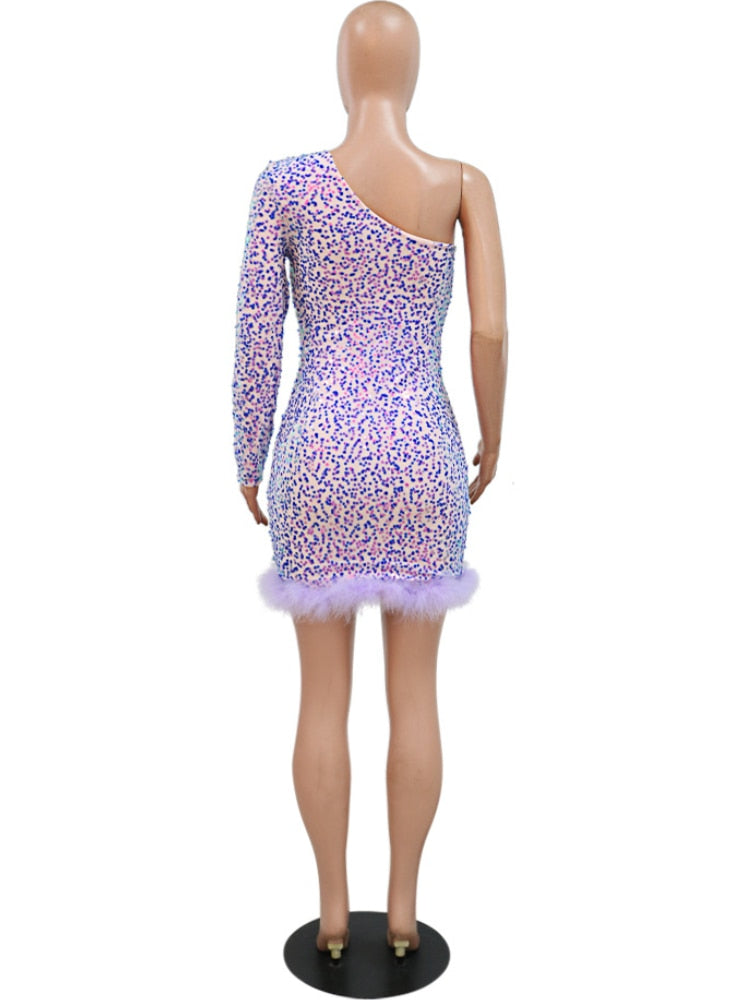 Purple Sequin MIni Bodycon Dress Elegant Women One Shoulder Long Sleeve Feather Short Party Event Evening Cocktail Gowns