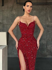 Women Evening Slip Dress 2023 Elegant Luxury Woman V-neck High Waist Tunic Midi Wedding Birthday Party Sequin Dresses Purple Red