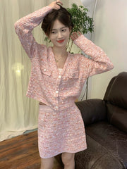 Autumn Winter Korean Fashion Sweater Female Knit Cardigan Crop Top Mini Skirt Two Piece Sets Womens Outifits Ensemble Femme