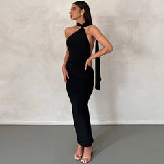 Elegant Backless Party Dress for Women Summer Sexy Halter Neck Bodycon Maxi Dress 2023 Evening Club Long Dress Black Vestido
