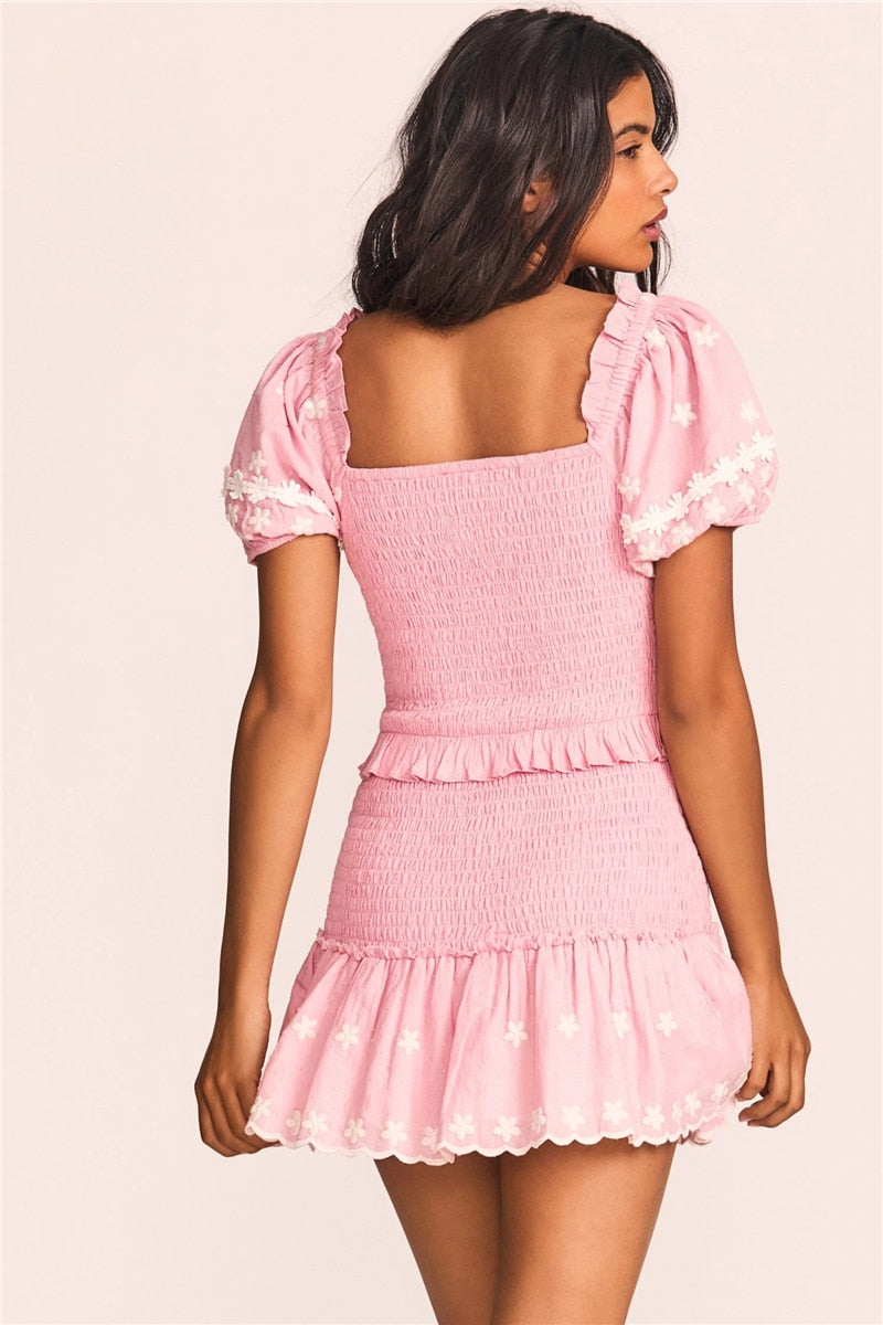 Hoobd High Quality 2023 Summer Pink Short Sleeve Women Ruffled Mini Dress