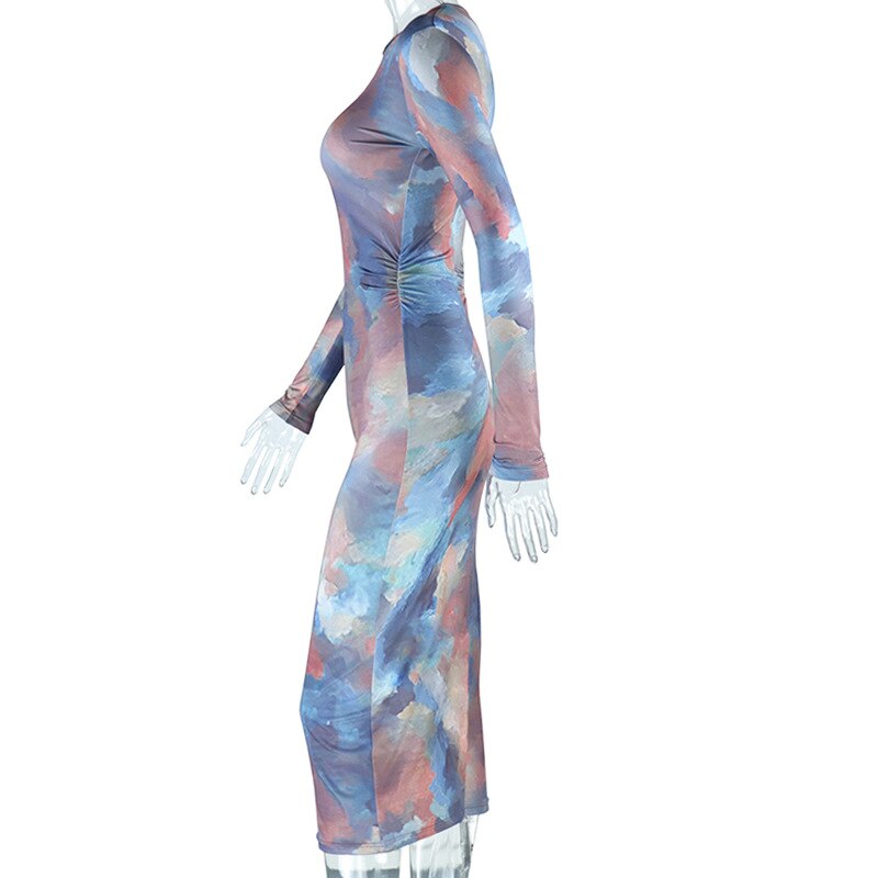 Casual Sexy O-neck Printed Bodycon Party Dress for Women Streetwear Y2K 2023 Spring Summer Ladies Nightclub Mid-calf Vestidos