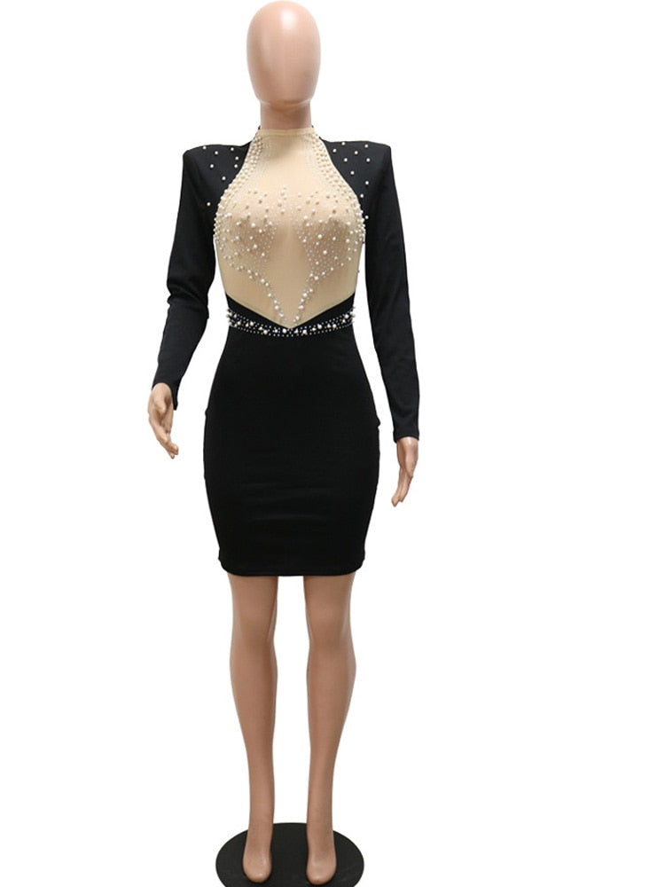 Cocktail Dresses For Women Evening Party Kricesseen Sexy Crystal Beading Mesh Patchwork Mini Dress Womens Long Sleeve Backless Bodycon Dresses Party Clubwear Outfits